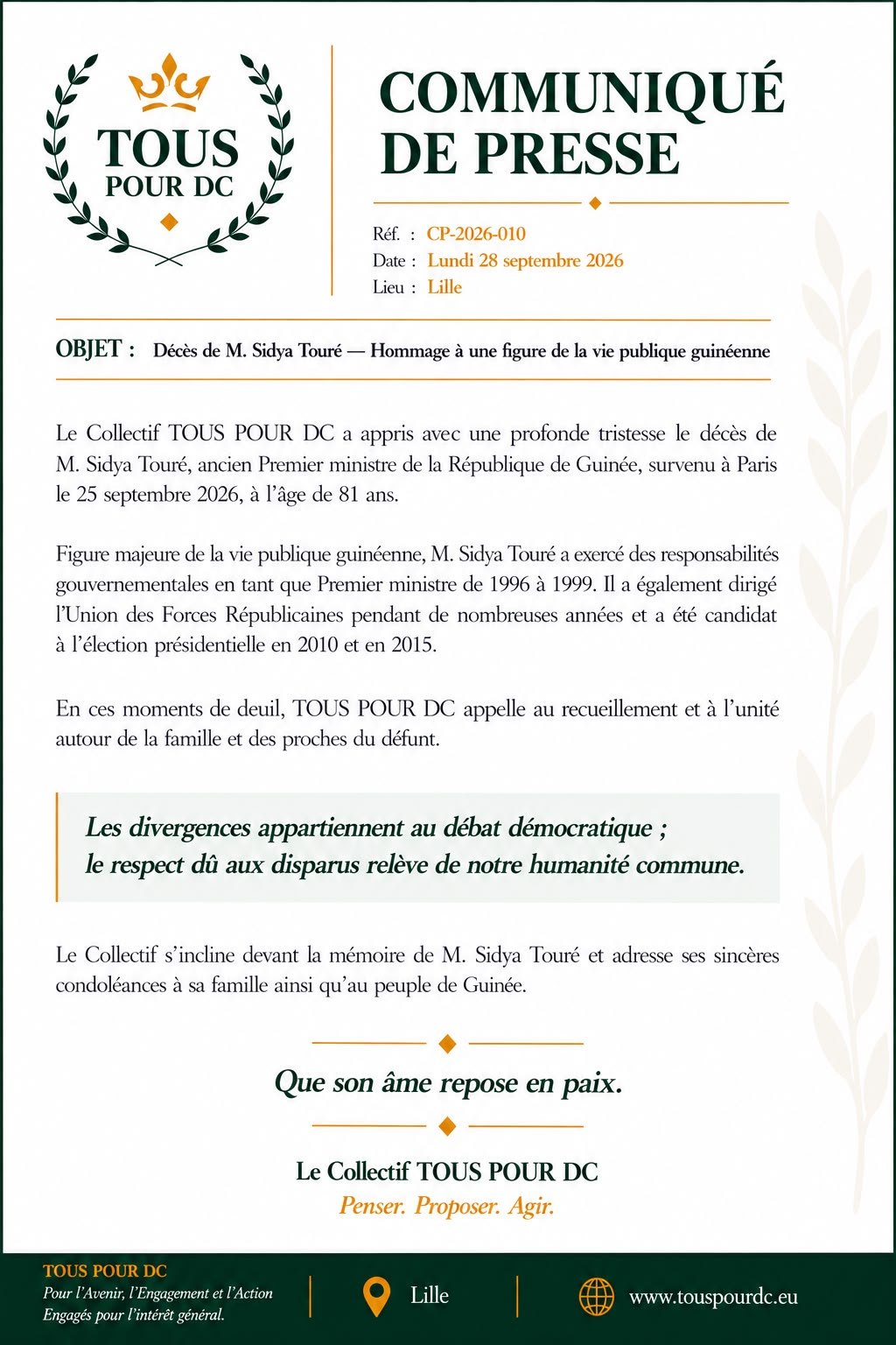 Communiqué CP-2026-010 — Hommage du Collectif TOUS POUR DC à M. Sidya Touré